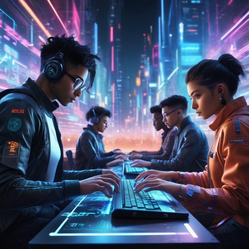 A dynamic scene of a diverse group of people intensely focused on typing at their keyboards, with speed lines and digital effects illustrating their rapid movement. Each participant is in a different setting, showcasing various devices like laptops and tablets. Colorful typing characters flow around them, representing words in mid-air. The background is a blend of a futuristic digital environment with glowing elements that suggest competition and speed. vibrant colors. cyberpunk. super-realistic.