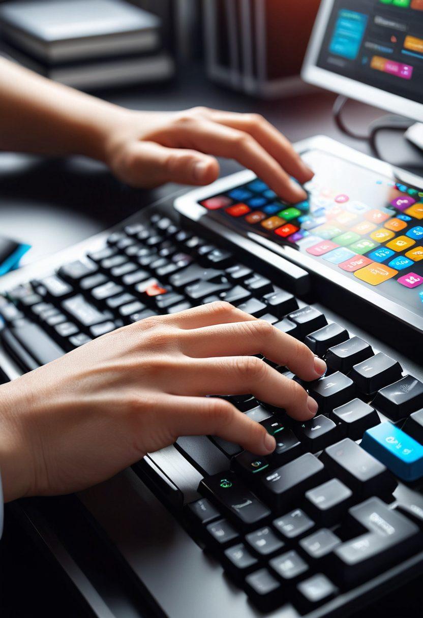 A dynamic scene depicting a person enthusiastically typing on a sleek, modern keyboard, fingers flying across the keys, surrounded by colorful speed typing challenge graphics and game icons floating in the air. Include motivational elements like a stopwatch and achievement badges in the background, symbolizing progress and mastery. The setting is bright and inviting, showing an organized workspace with books and a monitor displaying typing exercises. super-realistic. vibrant colors. digital art.