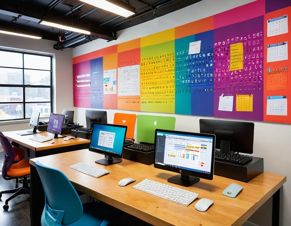 An inspiring workspace featuring a diverse group of individuals practicing typing on modern keyboards, with motivational quotes on the walls. Include colorful worksheets and charts showcasing typing speeds in the background. Show a clock highlighting time management choices and a laptop displaying different typing resources. Bright, engaging colors to convey energy and enthusiasm for learning. vibrant colors. modern style. high contrast.